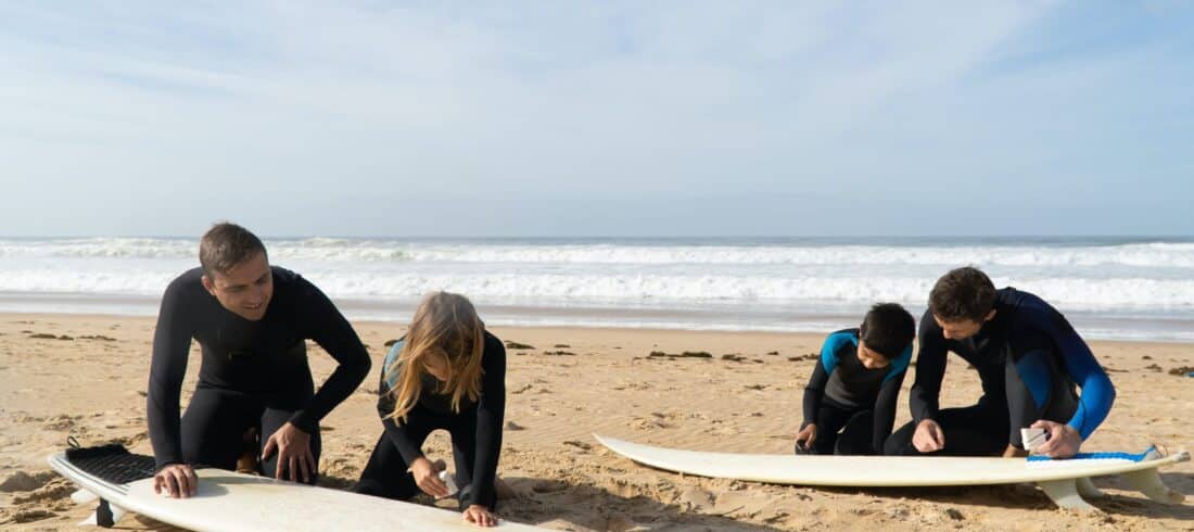 a group of people sitting at a beach